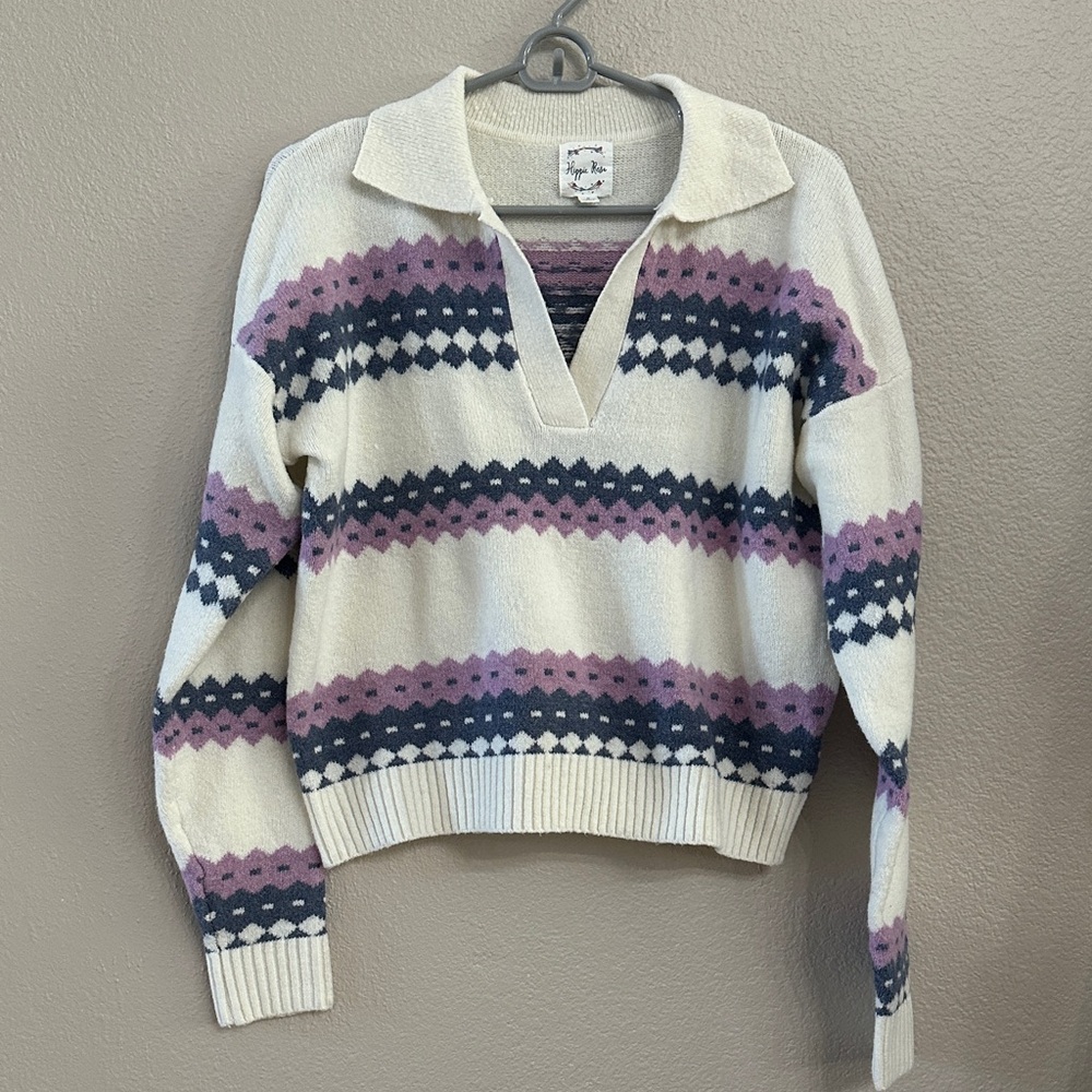 Women's Cream and Purple Patterned Sweater